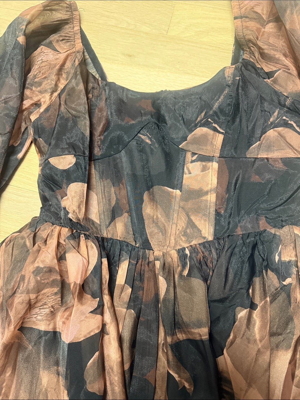 Sheer Black Floral Peplum Romper with Puff Sleeves - Picture 2 of 3